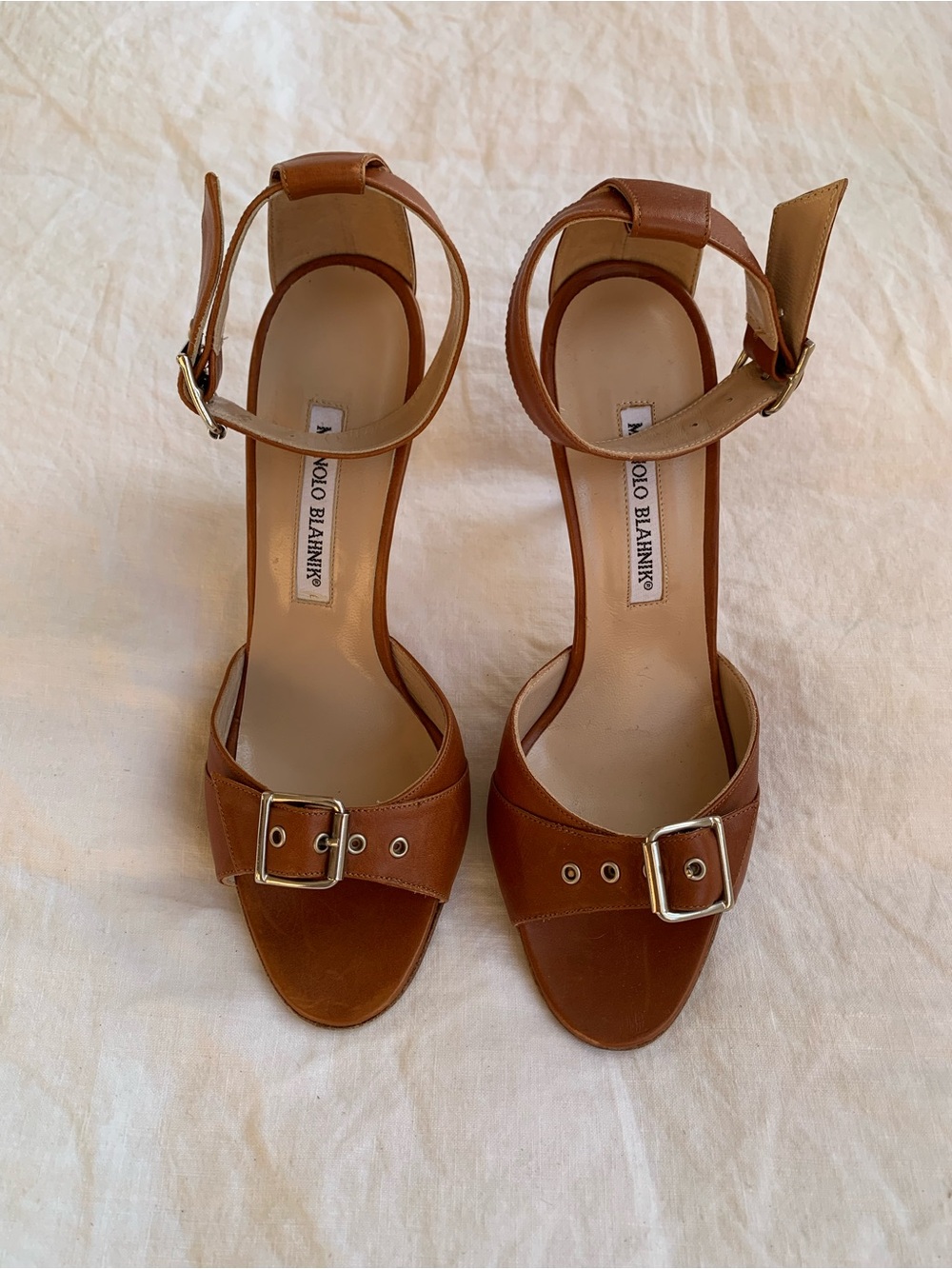 NWT Vintage Manolo Blahnik Leather Buckle Peep Toe Ankle Strap Heels Brown Tan